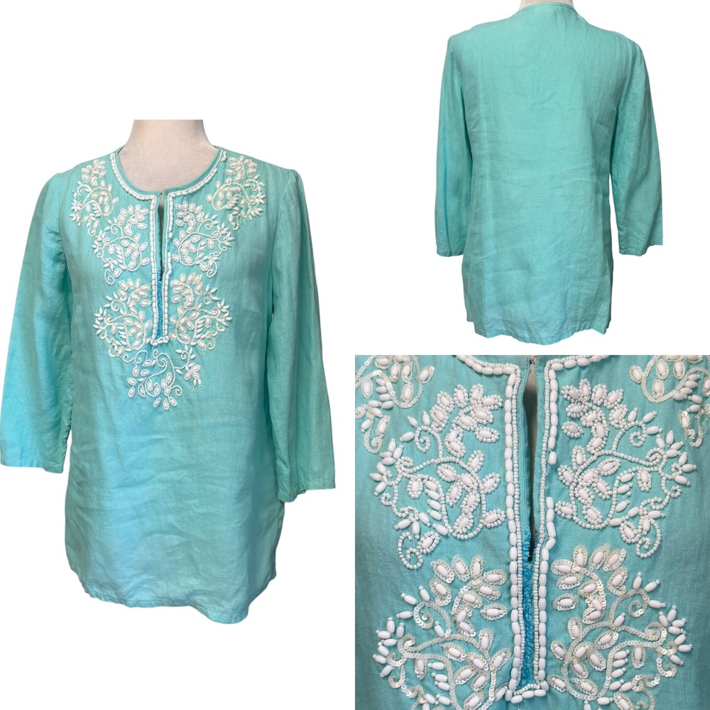 Charter Club Tunic Women XS Aqua Blue 100% Linen Beaded Sequin Embroidered Top